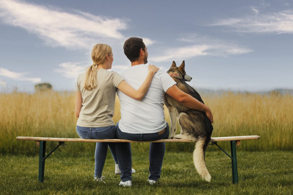 Blonde, langhaarige Frau, dunkelhaariger Mann zusammen mit Husky auf einer Bank
